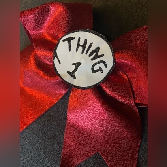 THING 1 DR SEUSS CHEER BOW Red Glitter Hair Tie Rubber Band Metallic Girl Women - Picture 5 of 6